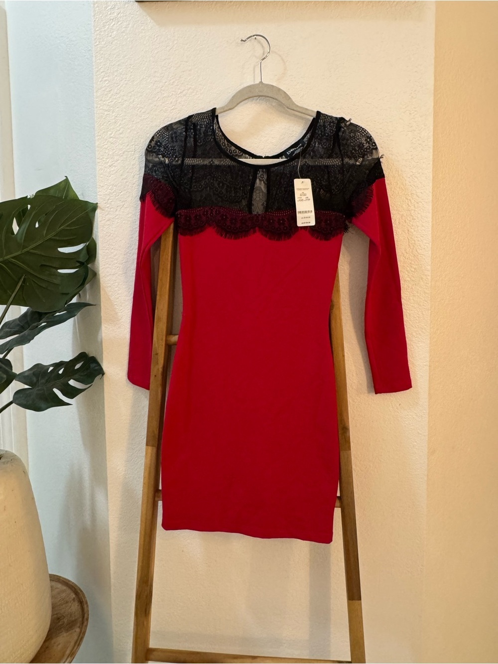 bebe Red Mini Dress with Black Lace Yoke